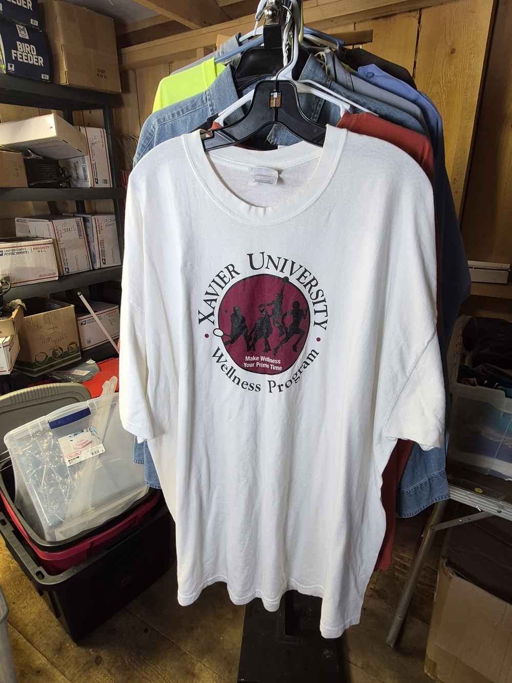 Hanes White T-Shirt with Maroon Xavier University Wellness Graphic Bin 56